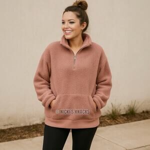 American Eagle Mauve Pink Sherpa Half Zip Pullover Teddy Jacket Sweatshirt M